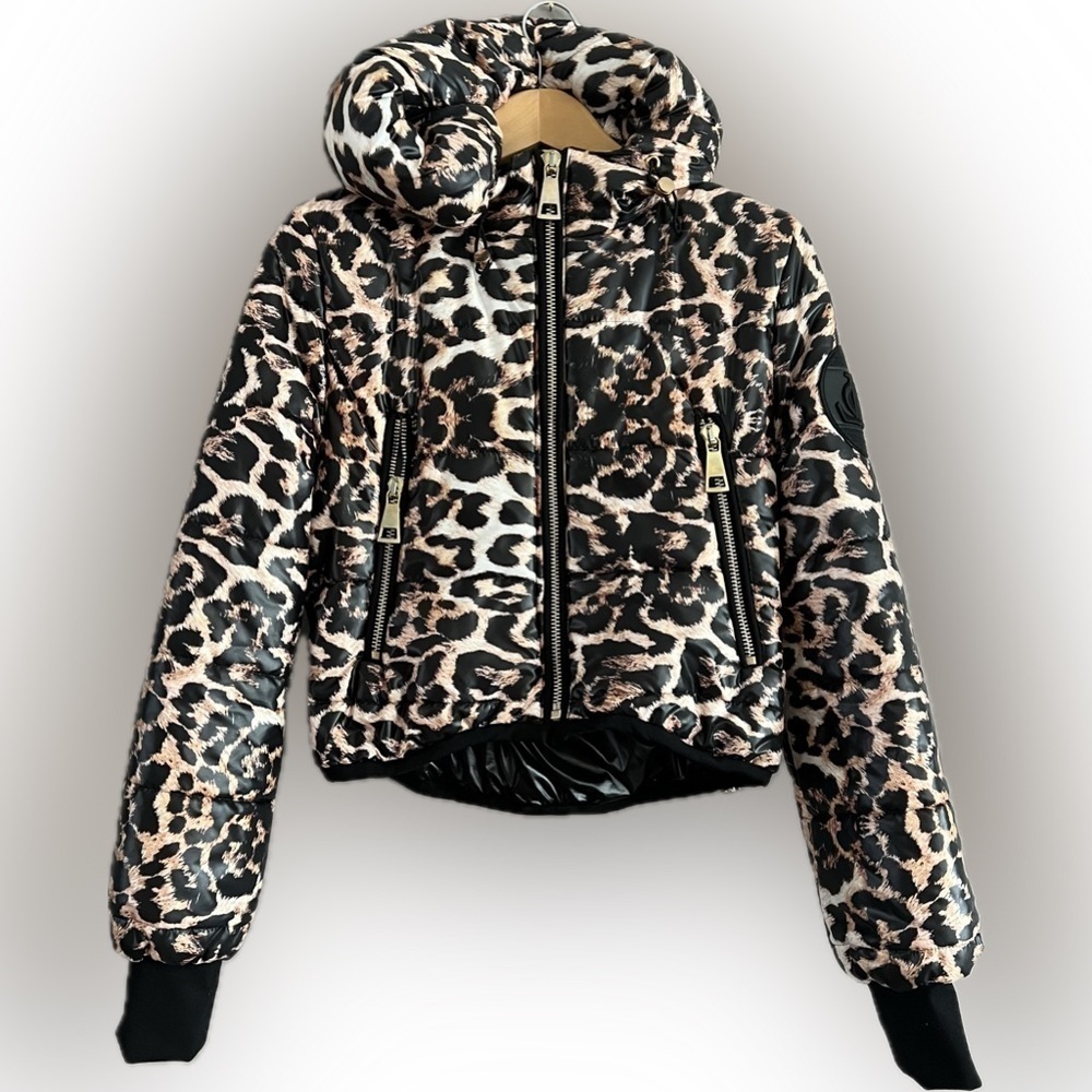 By Ola La Leopard Puffer Coat Hooded Cropped Small